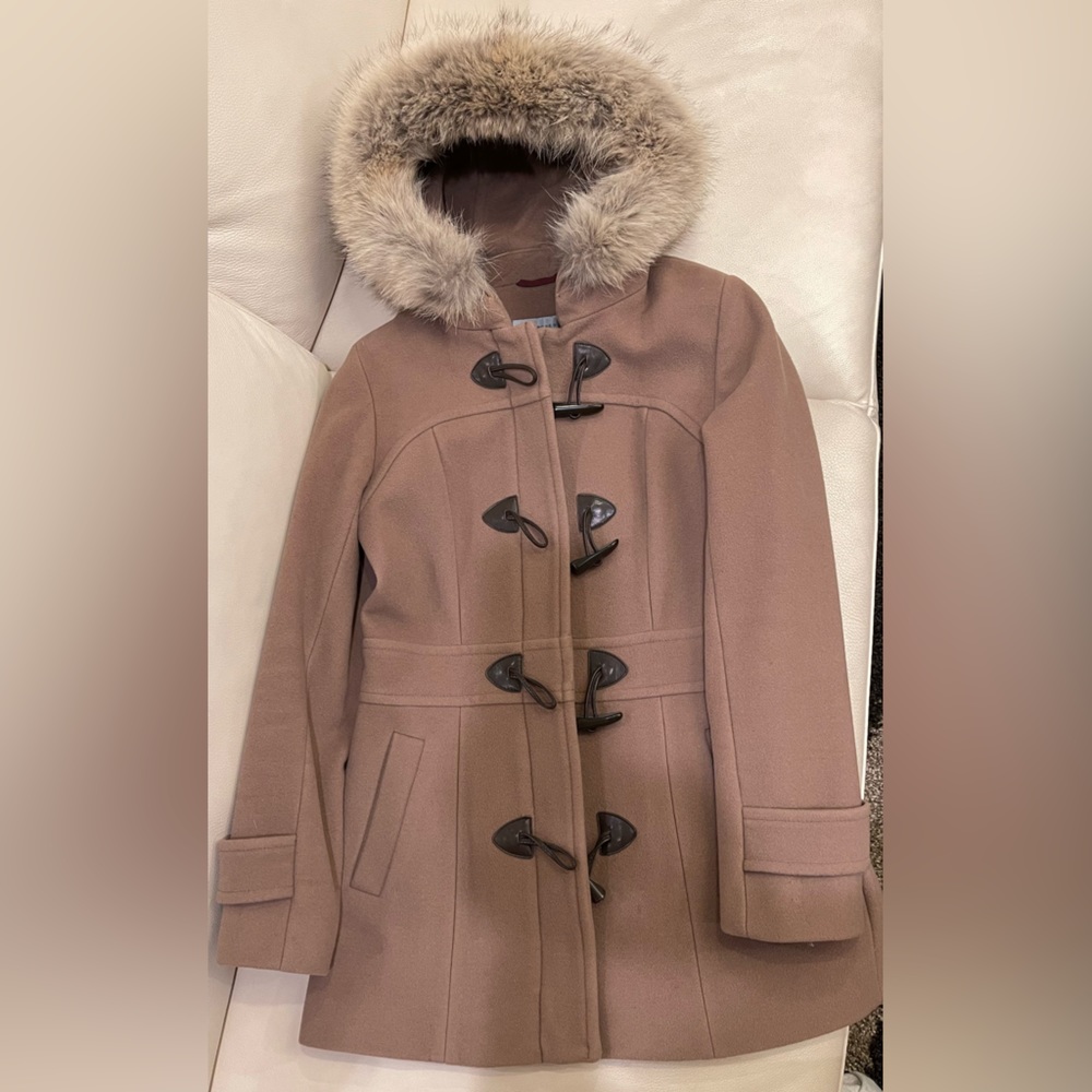 MARC NEW YORK tan color wool coat with real fur trim size 2